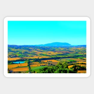 Scene in Montelupone with Marche landscape, various fields, a body of water, human settlement and Monte Conero Sticker